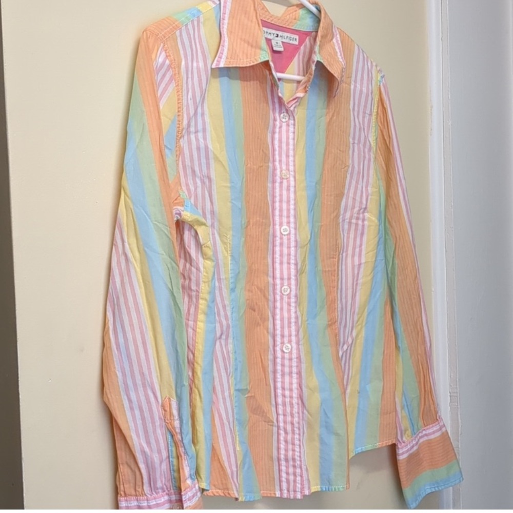 VTG Tommy Hilfiger Pastel Stripe 100% Cotton Button Down Shirt Long Sleeve 8